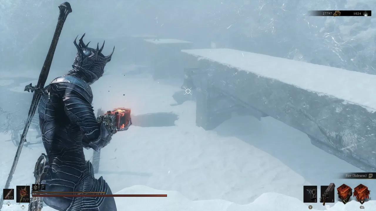 Image showing a Mortal Shell 2 player aiming a sidearm to the first bell of the puzzle at Winterglass Lake