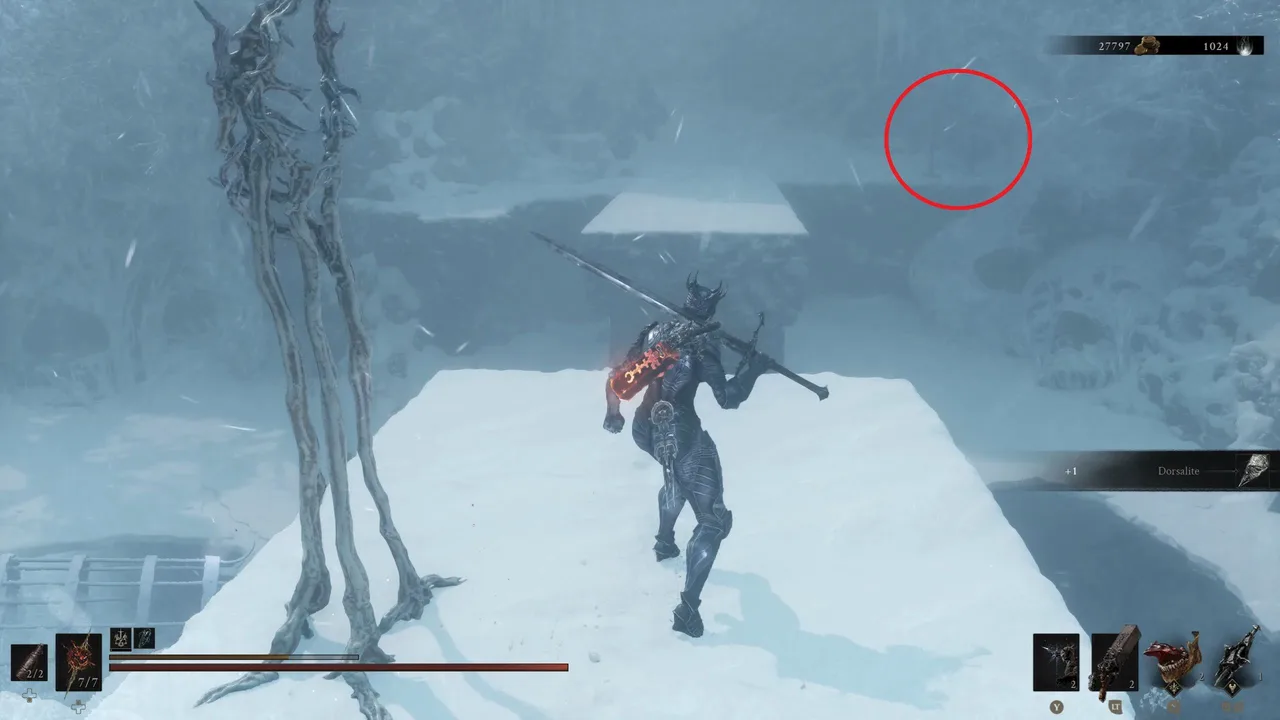 Image showing a Mortal Shell 2 player looking at the second bell to complete the Bridge puzzle at Winterglass lake