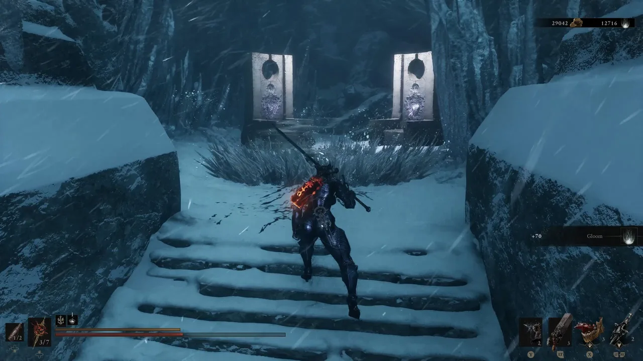 Image showing a Mortal Shell 2 player standing in front of a couple of ancient stone thrones with items