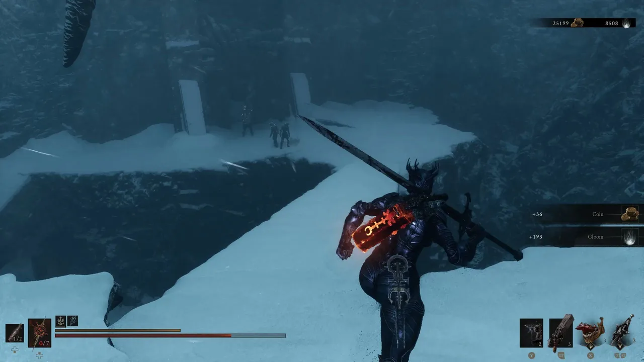 Image showing a Mortal Shell 2 player approaching the final group of enemies of this descent in Conquered Temple