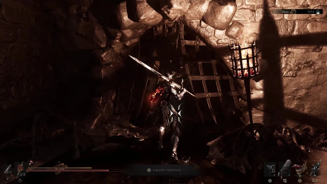 Image showing a Mortal Shell 2 player standing next the bent grate that leads to the next Beacon