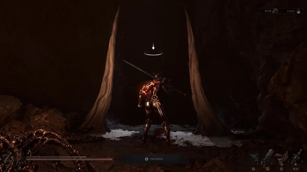 Image showing a Mortal Shell 2 player about to activate a Bone Gate in the Prisoner's Domain Slumwater Drain