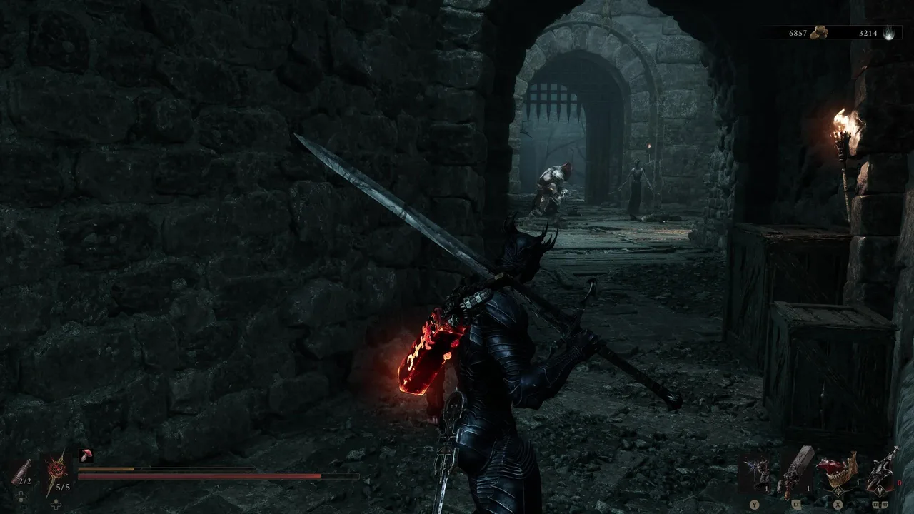 Image showing a Mortal Shell 2 player looking at a Crescent Gladiator and a Dual Blade Assassin in the distance