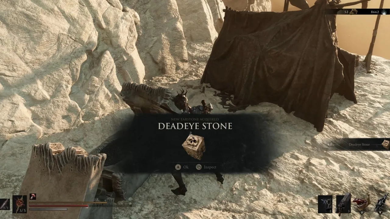 Image showing a Mortal Shell 2 player collecting the Deadeye Stone in the Sanguine Caverns Gate