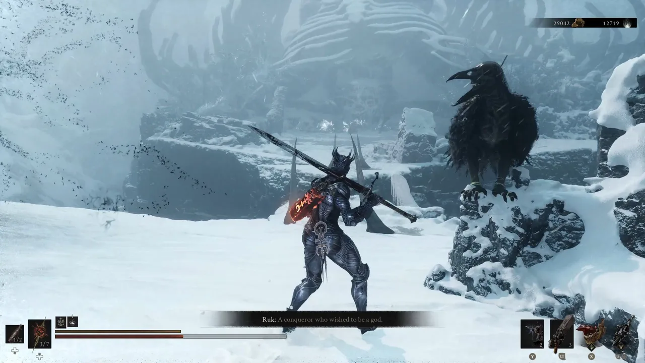 Image showing a Mortal Shell 2 player talking to Ruk about Droeg, the Conquerer