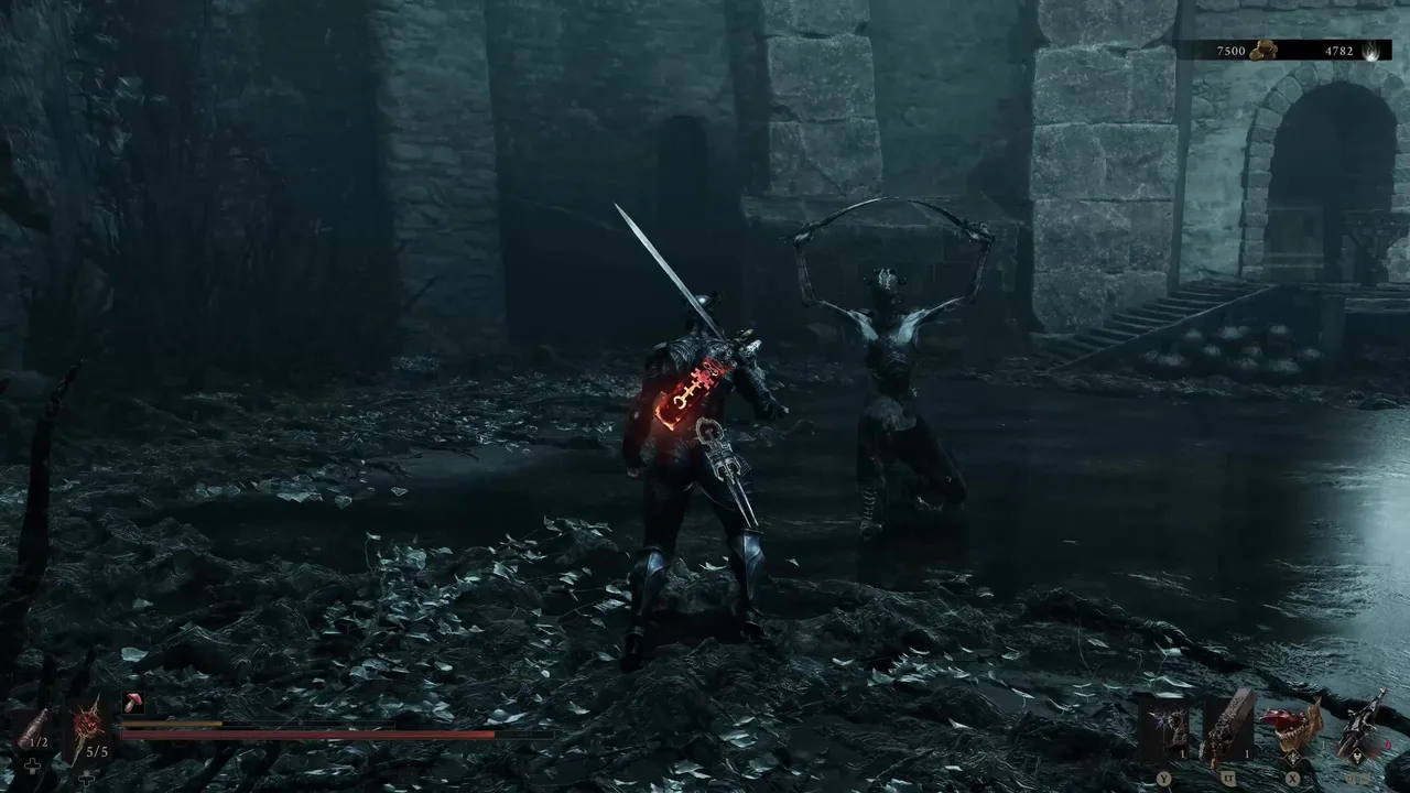 Image showing a Mortal Shell 2 player fighting a Dual Blade Assassin in Prisoner's Domain