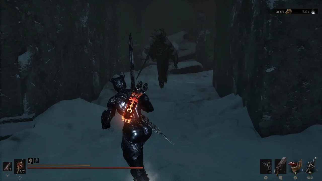Image showing a Mortal Shell 2 player walking into a Wraith in the Winterglass Lake Beacon Dungeon