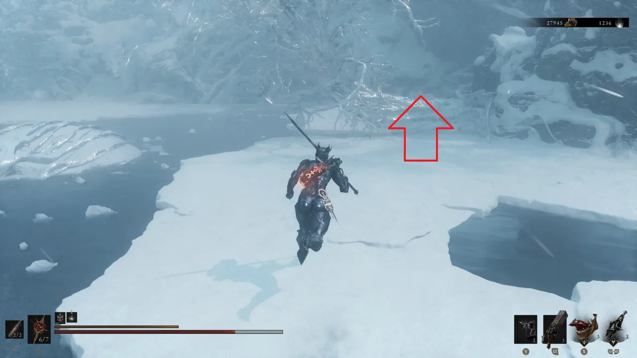 Image showing a Mortal Shell 2 player approaching a tree that can be vaulted over in the Winterglass lake