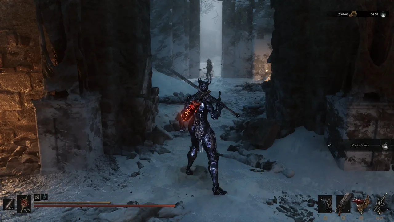 Image showing a Mortal Shell 2 player facing off a Frost Soldier in the Conquered Temple Gate