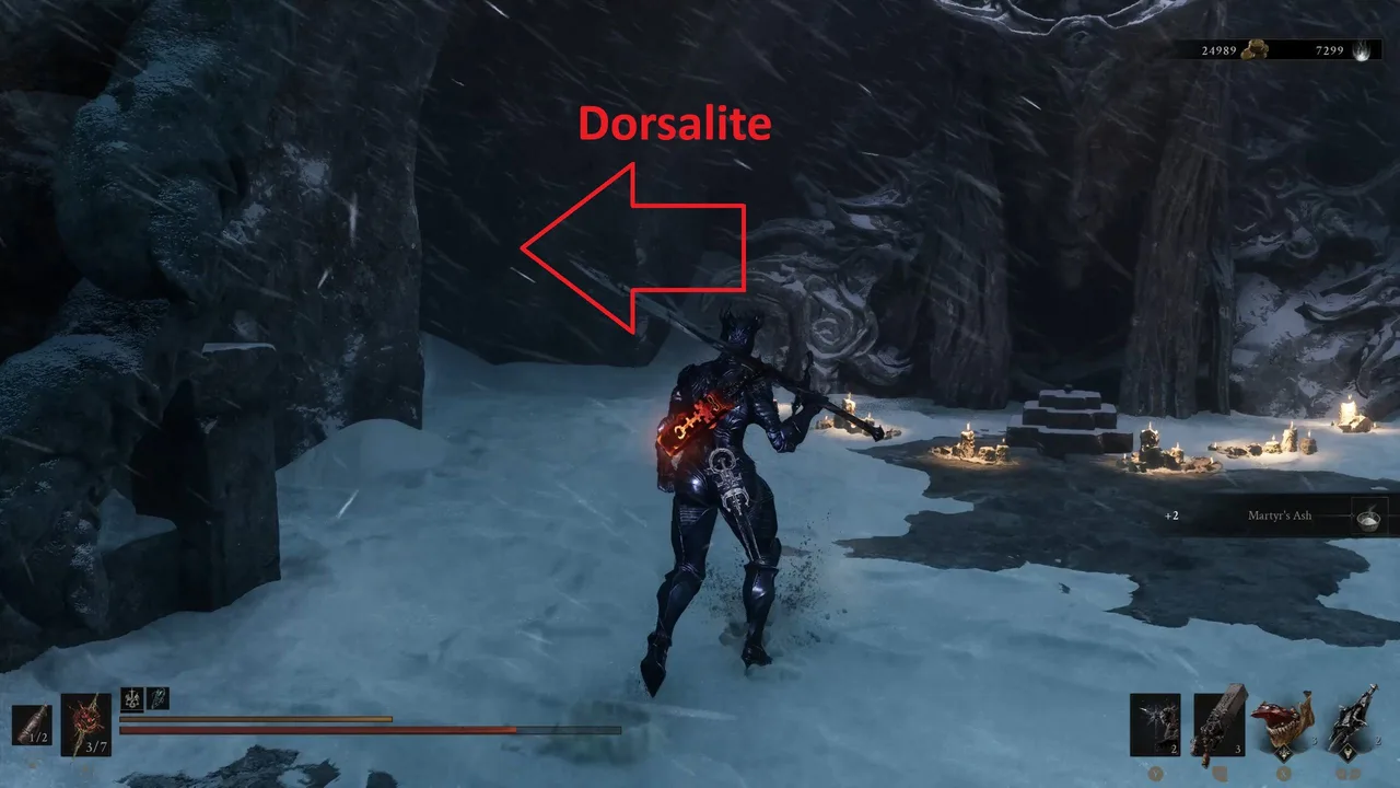 Image showing a Mortal Shell 2 player approaching the Elven Statue in Conquered Temple with a red arrow pointing to hidden Dorsalite