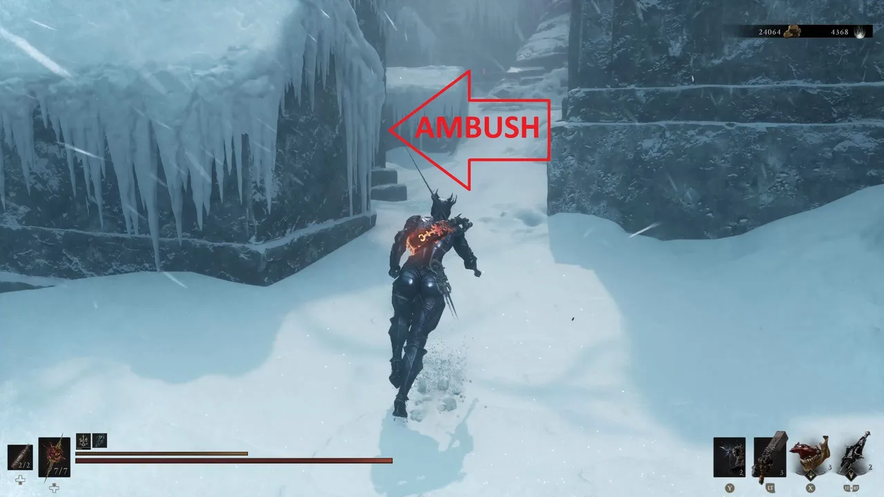 Image showing a Mortal Shell 2 player approaching an ambush, with a red arrow pointing at said ambush