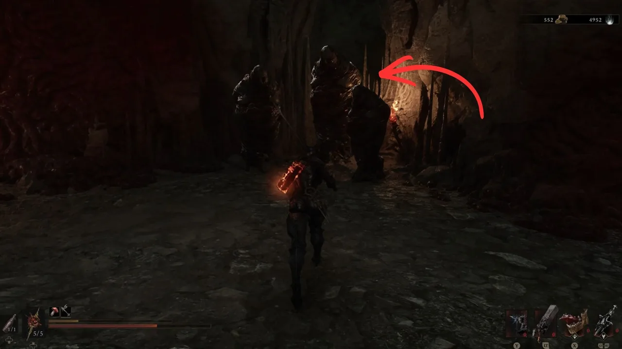 Image showing a Mortal Shell 2 player approaching 3 Bloatmines and the illusory Stalagmited behind them