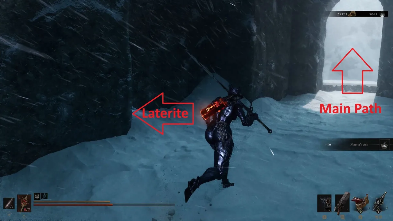 Image showing a Mortal Shell 2 player pointing to an easily missable Laterite in Conquered Temple