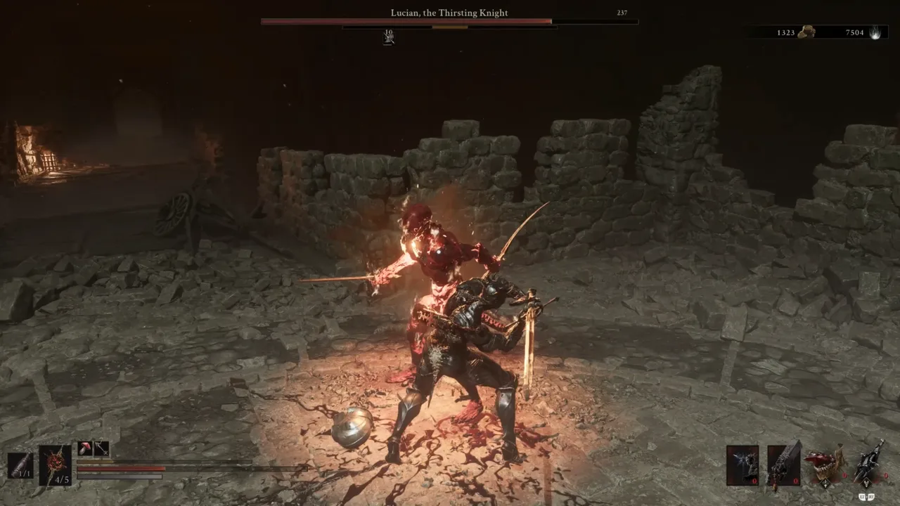 Image showing a Mortal Shell 2 player facing Lucian, the Thirsting Knight, while he's on a Burn Stun