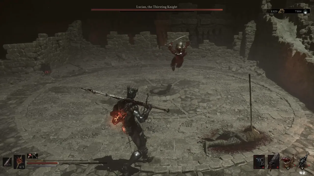 Image showing a Mortal Shell 2 player facing Lucian, the Thirsting Knight performing his Leaping Slash attack