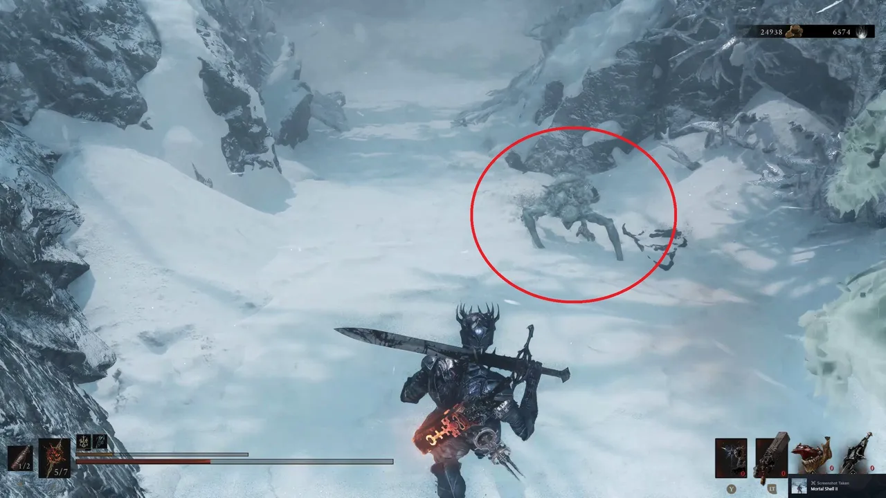 Image showing a Mortal Shell 2 player being stalked in the snow by a Frost Funghoul, with a red circle around it for visibility