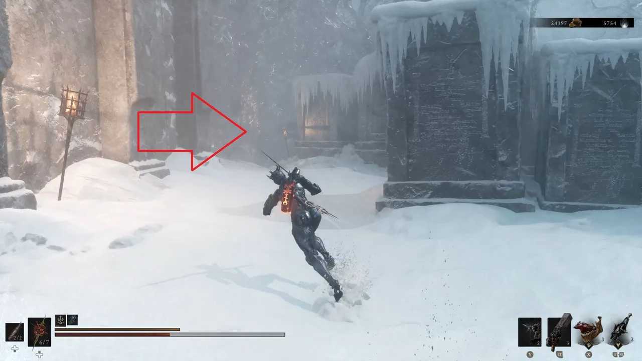 Image showing a Mortal Shell 2 player approaching the path to the next area from the frozen cemetery in Conquered Temple