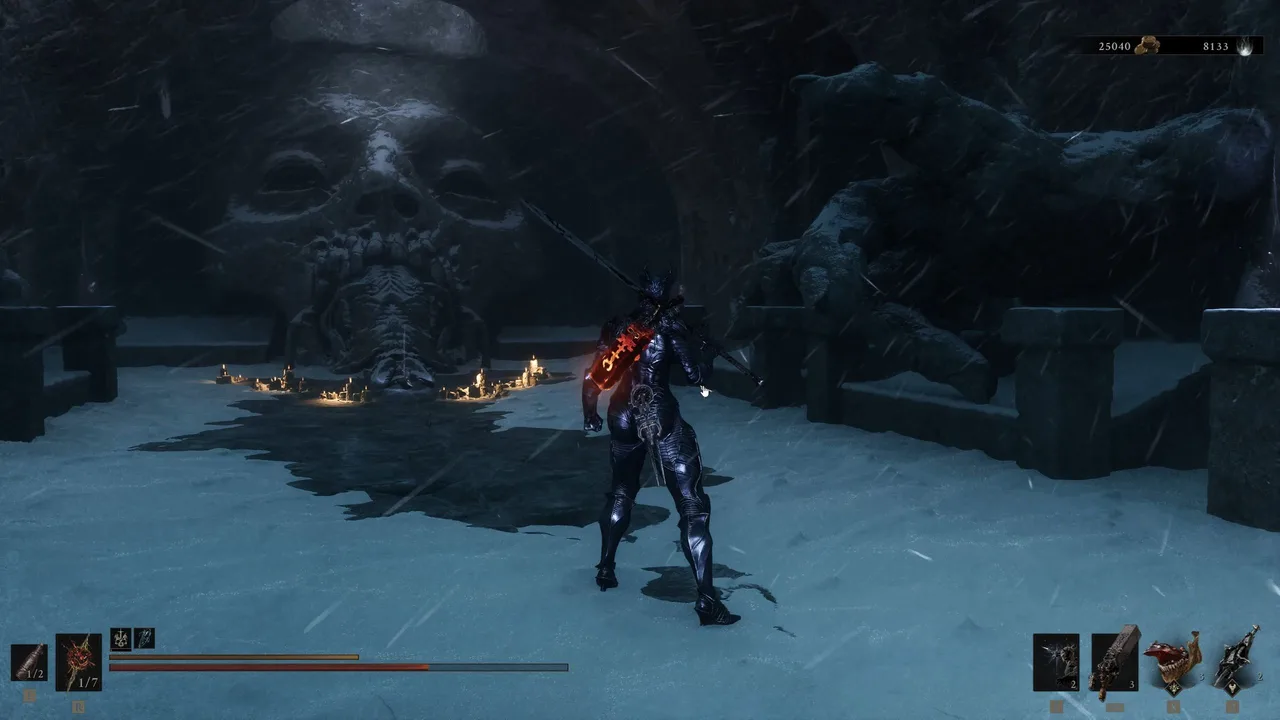 Image showing a Mortal Shell 2 player standing in a room where a massive skull statue with a parasitic tongue is