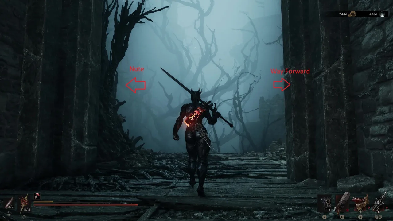 Image showing a Mortal Shell 2 player at a crossroads between the proper way to follow and finding a note hinting at an illusory wall