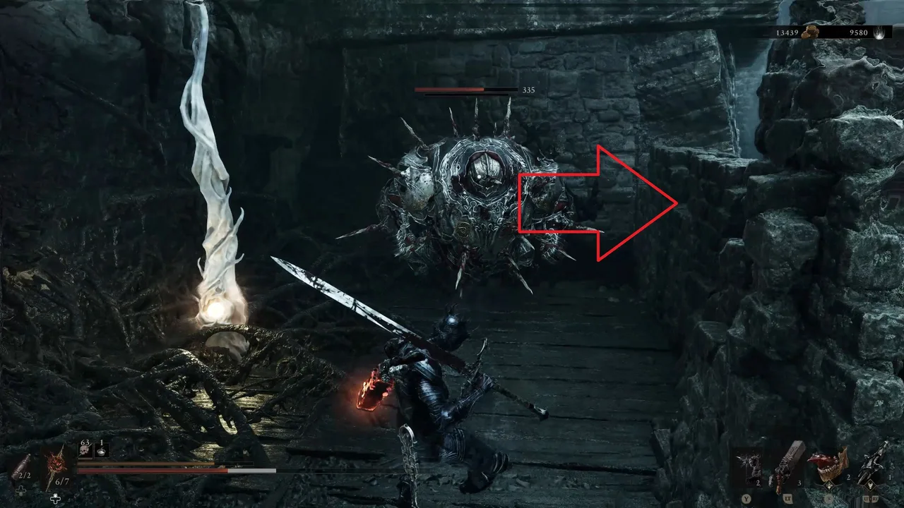Image showing a Mortal Shell 2 player fighting an Urchin Knight, with a red arrow pointing at the location a Ventrium was found