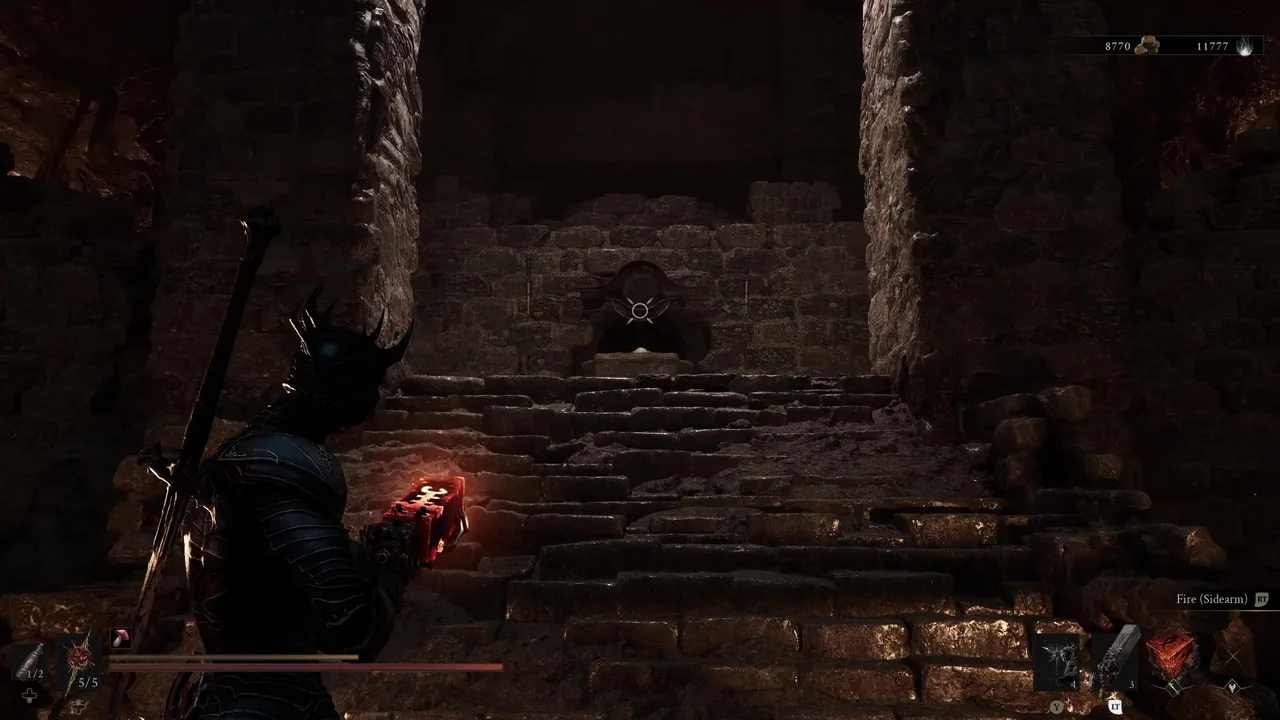 Image showing a Mortal Shell 2 player aiming their sidearm to the Pressure Plate that opens the Portcullis ahead