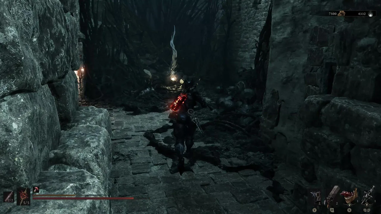 Image showing a Mortal Shell 2 player approaching a Resolve stalk in the Prisoner's Domain gate
