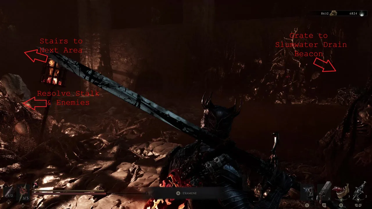 Image showing a Mortal Shell 2 player at the entrance of the Slumwater Drain hub zone in Prisoner's Domain