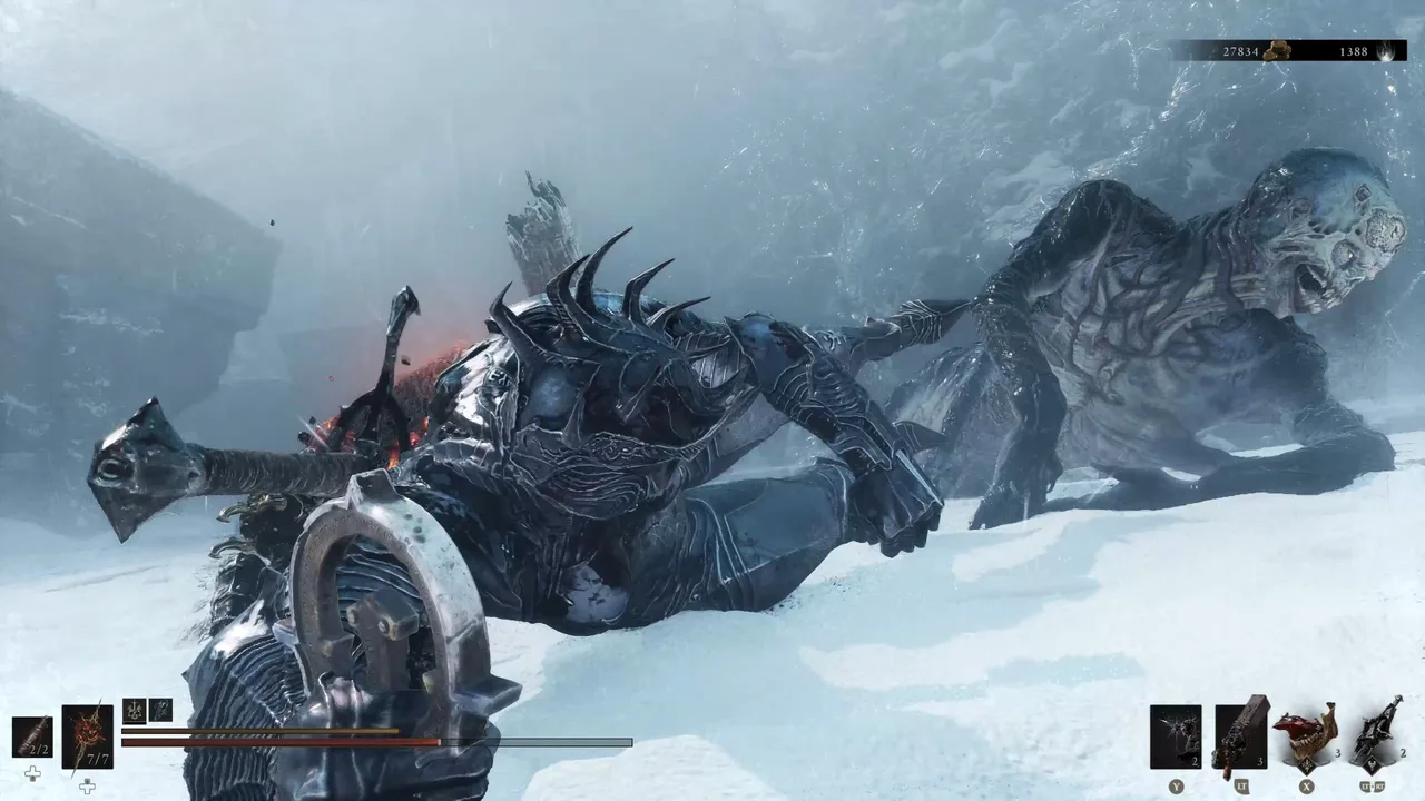 Image showing a Mortal Shell 2 player fighting off a Snow Stalker