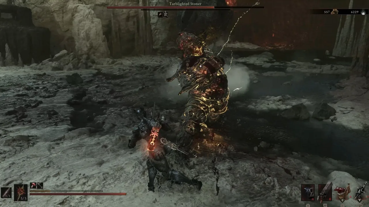 Image showing a Mortal Shell 2 player engaged in battle with the Tarblighted Stoner
