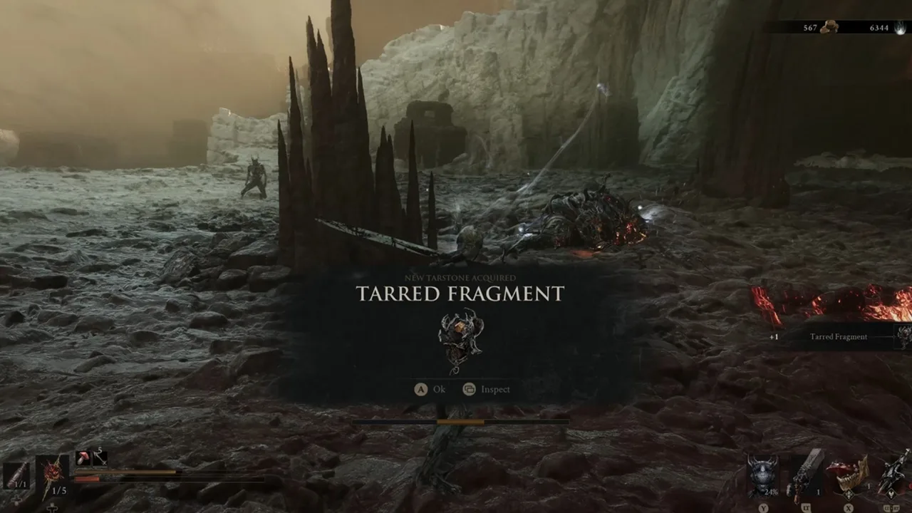 Image showing a Mortal Shell 2 player being rewarded the Tarred Fragment Tarstone
