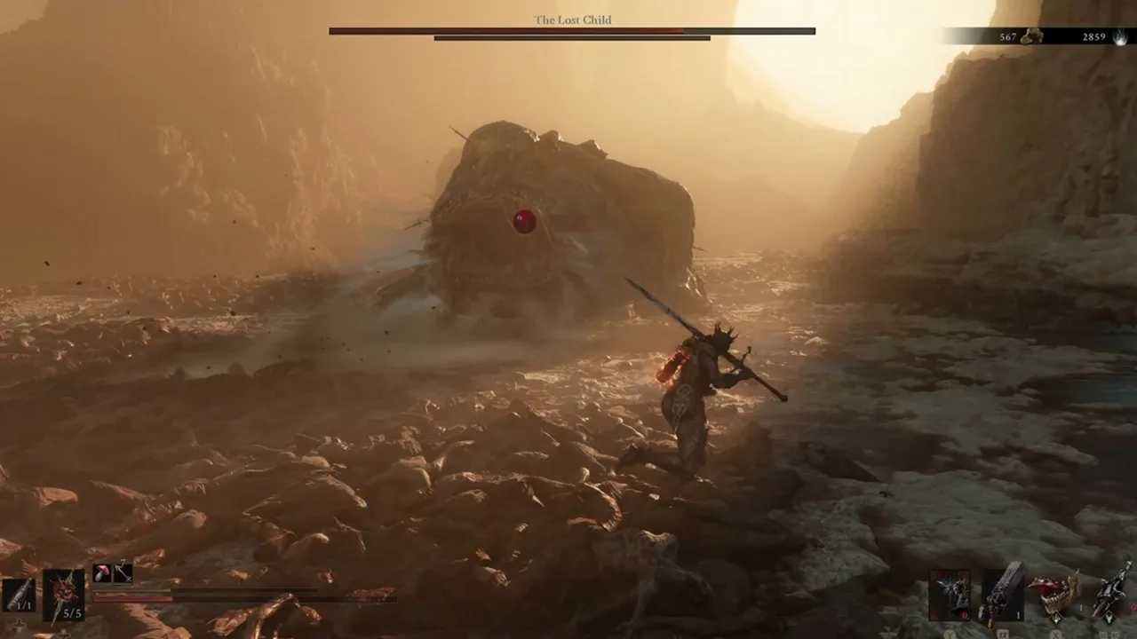Image showing a Mortal Shell 2 player actively engaged in battle with The Lost Child boss