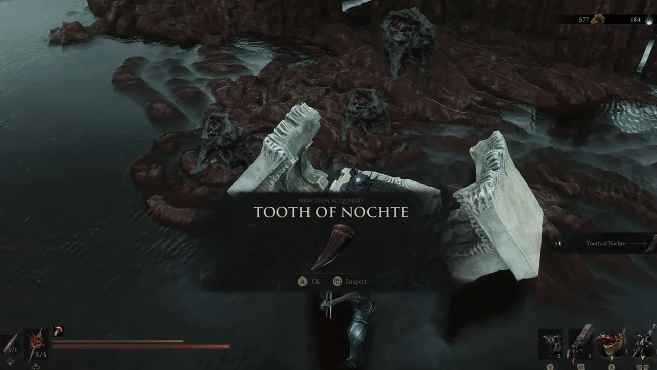 Image showing a Mortal Shell 2 player collecting a Tooth of Nochte item from a chest in the Sanguine Shoreline