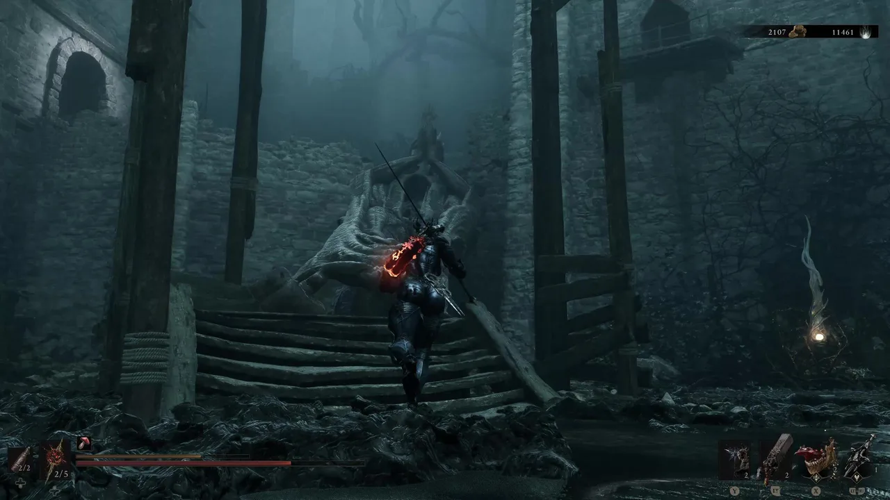 Image showing a Mortal Shell 2 player walking up a toppled statue after knocking it with the explosive jars