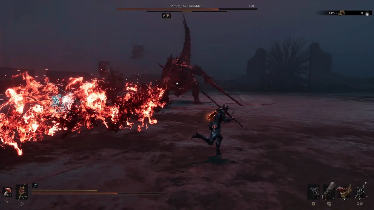 Image showing a Mortal Shell 2 player engaged in battle against Zmey, the unbidden, while it attacks with Fire Breath