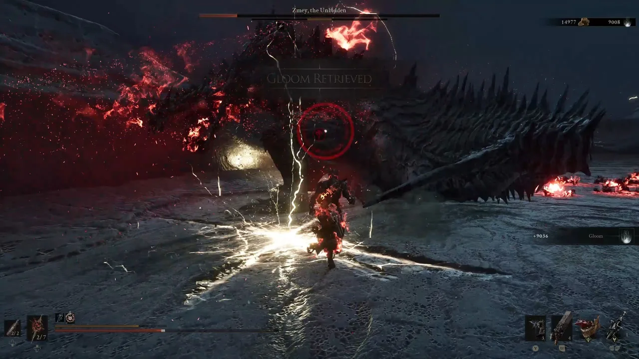 Image showing a Mortal Shell 2 player battling Zmey, the Unbidden while it attacks with a Stabbing Tail Whip