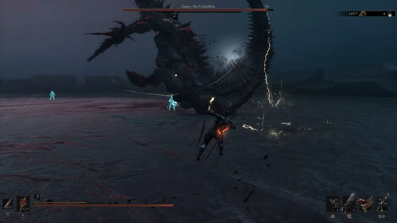 Image showing a Mortal Shell 2 player engaged in battle against Zmey, the Unbidden while it performs a Tail Slam attack
